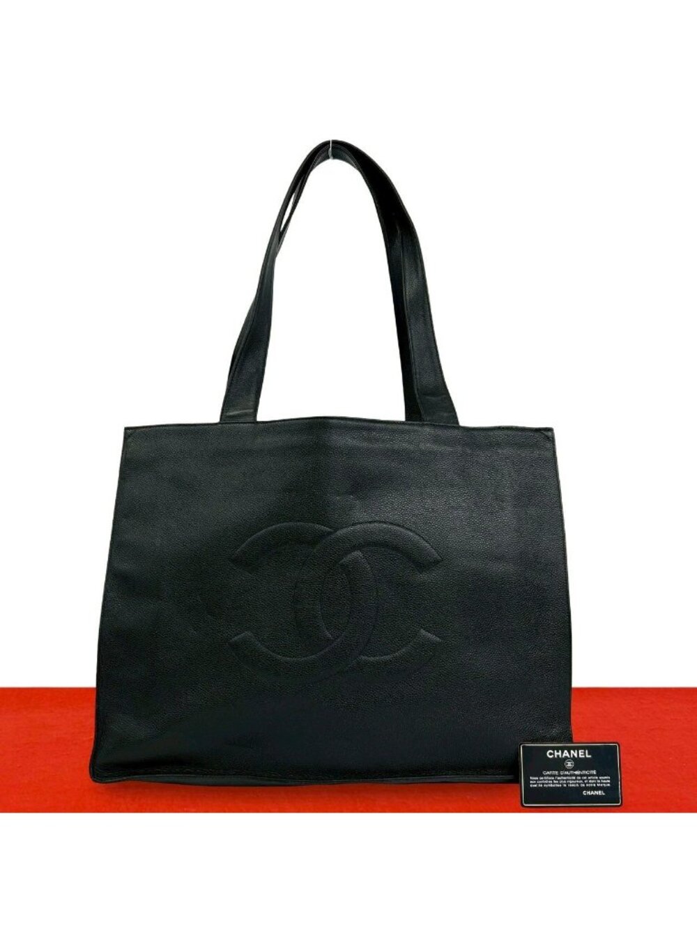 Chanel Card Jumbo CC Logo Caviar Leather Tote Shoulder Bag Black
